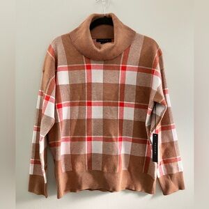 NWT Tahari Plaid Turtleneck Sweater Women’s L Brown & Red Longsleeve Stretch